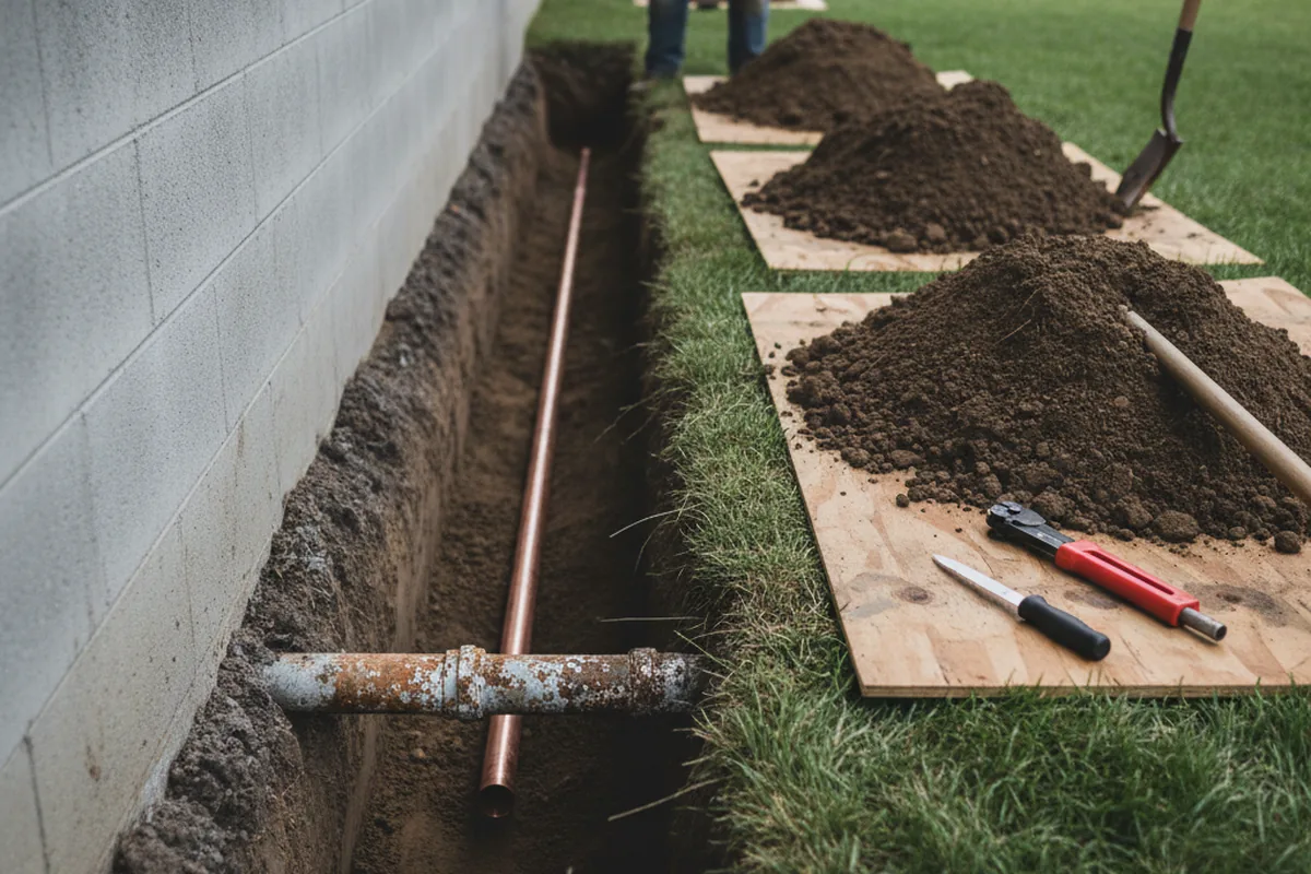 Excavated water line trench during Sewer Line Repair in Register